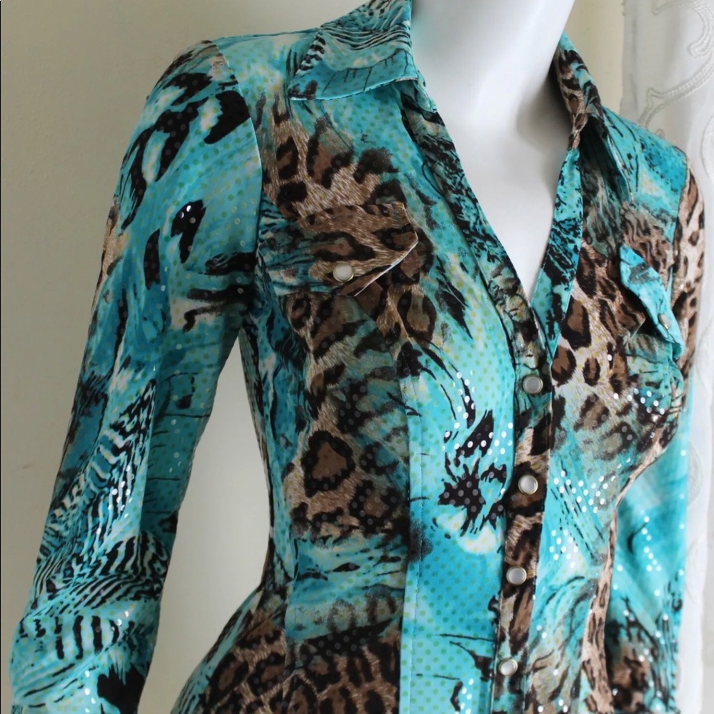 Cache Turquoise Animal Glitz Glam Shirt Top M